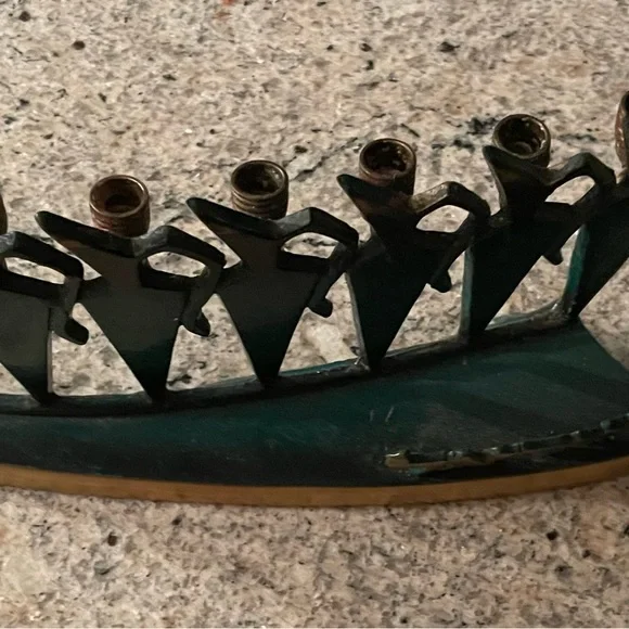 Vintage enamel brass Hanukkah menorah made in Israel REG. DES. 1734